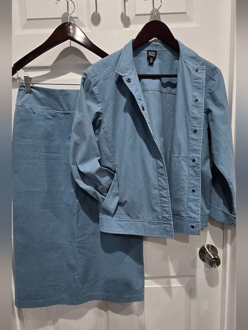 Eileen Fisher 2-Piece Blue Cotton Jacket & Skirt Set S/XS